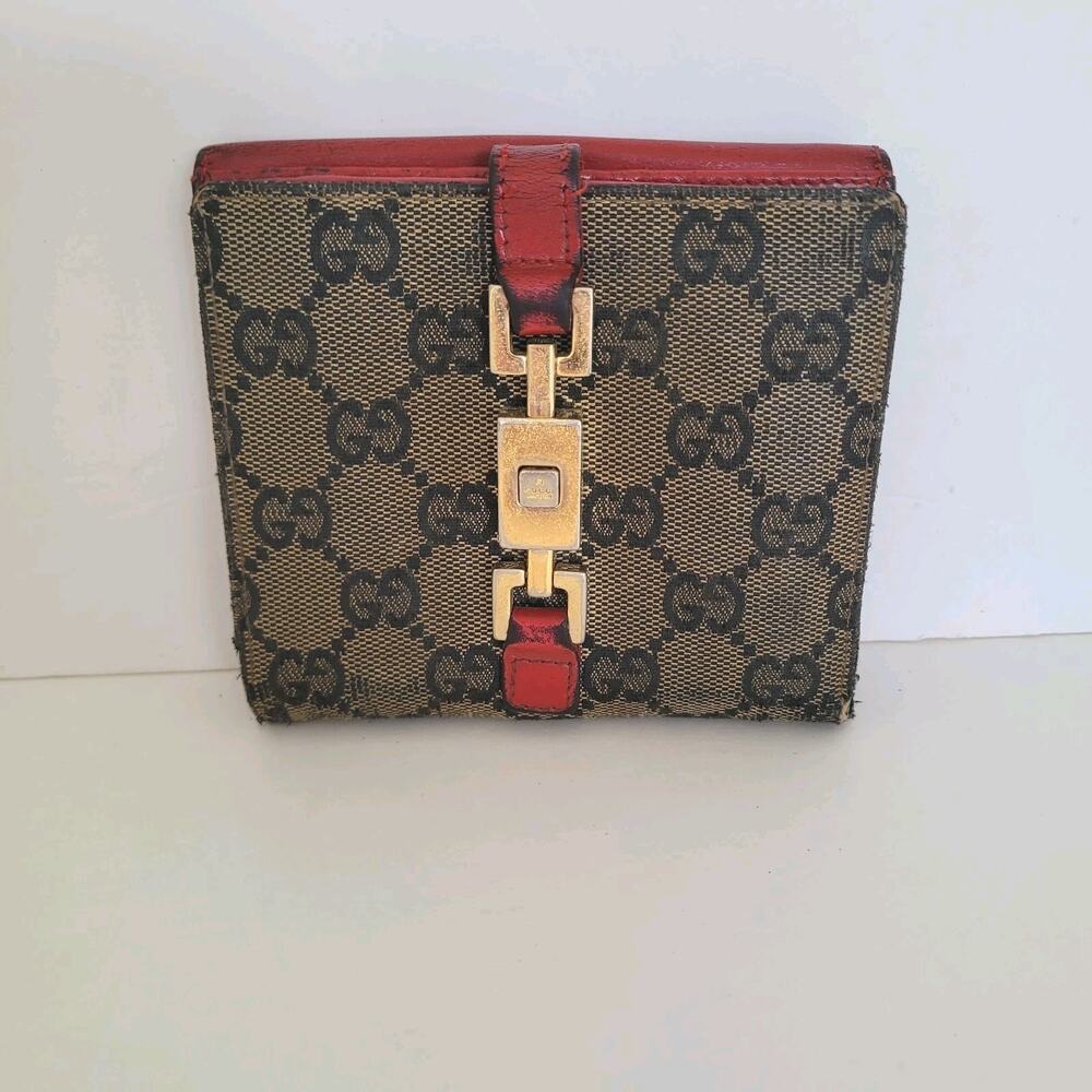 GUCCI GG Vintage Jackie Canvas Leather Wallet Monogram Bifold Medium Red Fair